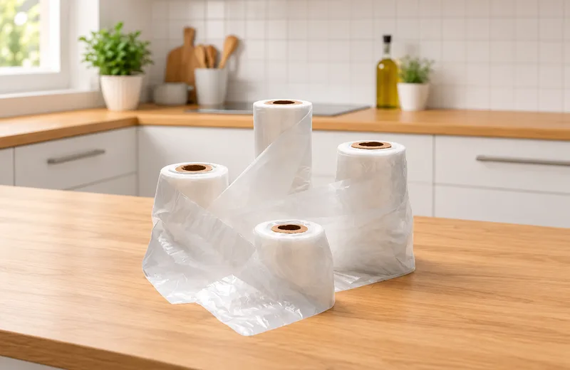 Rollos de bolsas de arranque de polietileno sobre una mesada