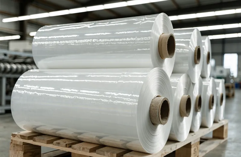 Bobinas de film de polietileno transparente apiladas en la fábrica