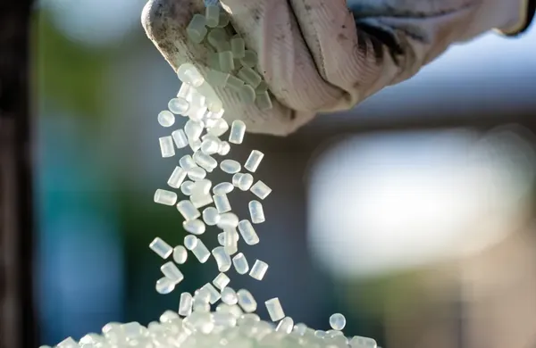 Pellets de polietileno reciclado cayendo de una mano enguantada