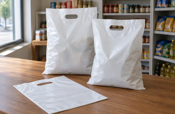 Bolsas de polietileno blanco con manija troquelada, terminadas, sobre el mostrador de un comercio