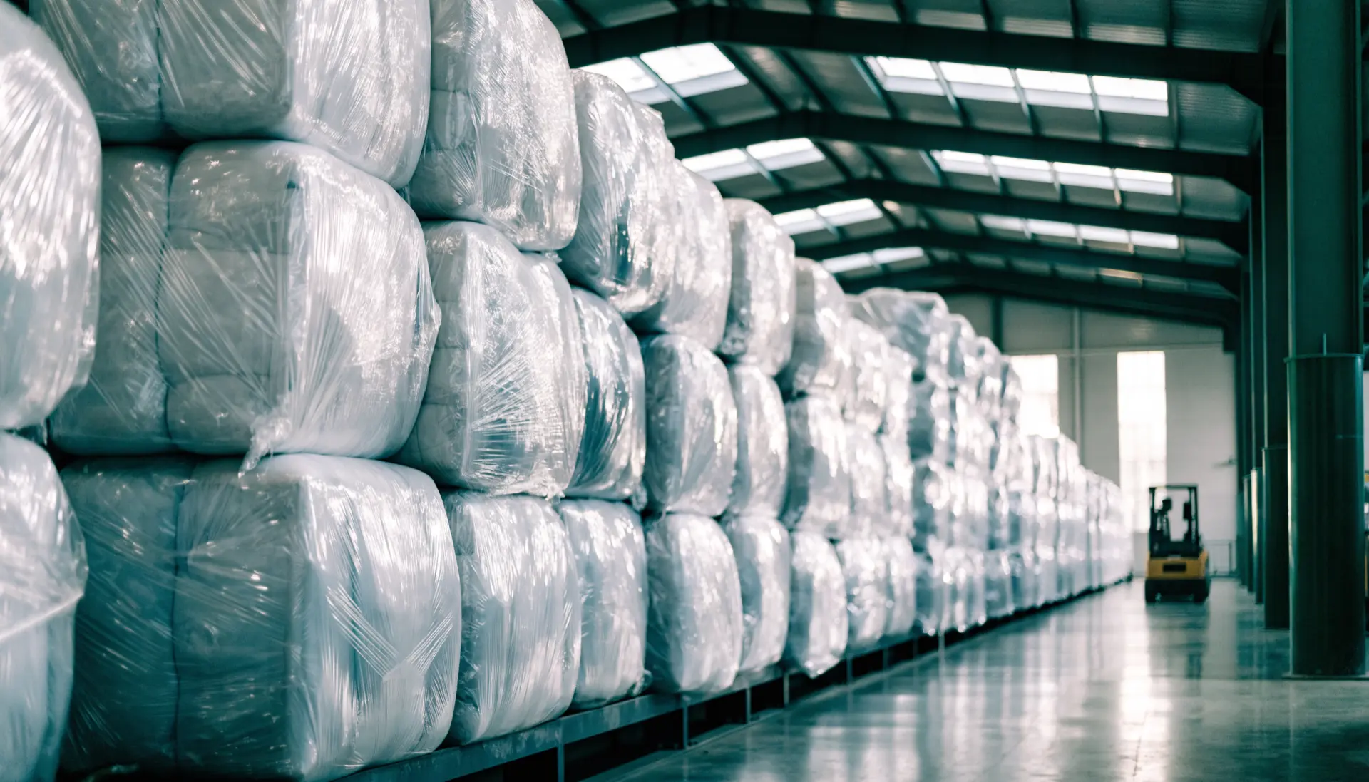 Fardos de film plástico listos para reciclar, apilados en la nave de la planta