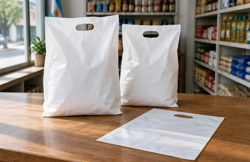 Bolsas de polietileno blanco con manija troquelada sobre el mostrador de un comercio